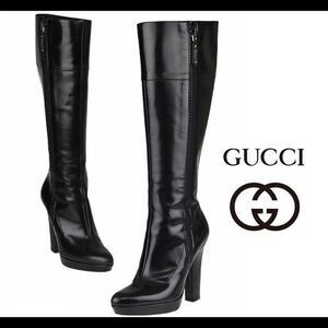 GUCCI Black Glossy Leather Knee High Platform Boot Sz 10B